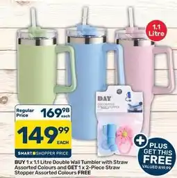 Pick n Pay Hypermarket 1 x 1.1 litre double wall tumbler with straw assorted colours offer