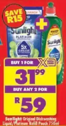 Shoprite Sunlight Original Dishwashing Liquid/Platinum Refill Pouch offer