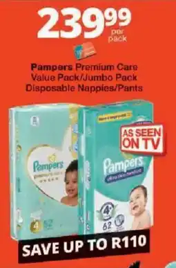 Checkers Pampers Premium Care Value Pack/Jumbo Pack Disposable Nappies/Pants offer
