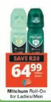 Checkers Hyper Mitchum Roll-On for Ladies/Men offer