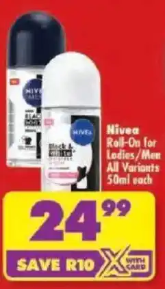 Shoprite Nivea Roll-On for Ladies/Men offer