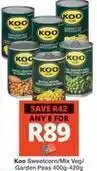 Checkers Koo - sweetcorn/mix veg/garden peas offer