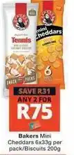 Checkers Bakers - mini cheddars 6x33g per pack/biscuits 200g offer