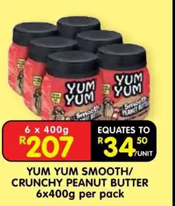 Shoprite YUM YUM SMOOTH/CRUNCHY PEANUT BUTTER 6x400g per pack offer