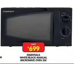 Shoprite ESSENTIALS WHITE/BLACK MANUAL MICROWAVE OVEN 20L offer