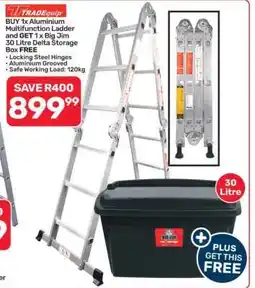 Pick n Pay Hypermarket Aluminium Multifunction Ladder with Big Jim 30 Litre Delta Storage Box offer