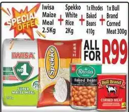 Supa Store Iwisa Maize Meal Spekko White Rice Rhodes Baked Beans Bull Brand Corned Meat offer