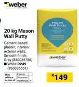 Builders Warehouse Weber Mason Wall Putty (Grey) 850036756-20Kg offer