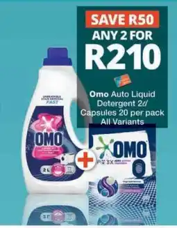 Checkers Omo Auto Liquid Detergent 2L/Capsules 20 per pack offer