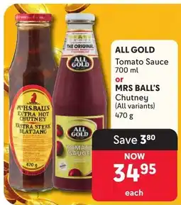 Makro ALL GOLD Tomato Sauce or MRS BALL'S Chutney offer