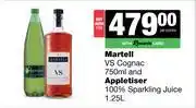 Spar Tops Martell VS Cognac 750ml & Appletiser 100% Sparkling Juice 1.25L-For Both offer