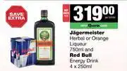 Spar Tops Jagermeister Herbal Or Orange Liqueur 750ml & Red Bull Energy Drink 4 x 250ml-For Both offer
