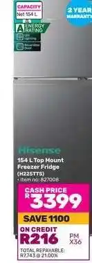 Game Hisense 154 L Top Mount Freezer Fridge (H225TTS) offer