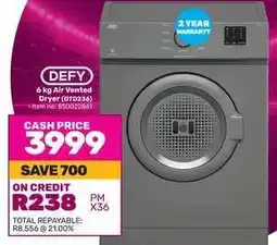 Game DEFY 6 kg Air Vented Dryer (DTD236) offer