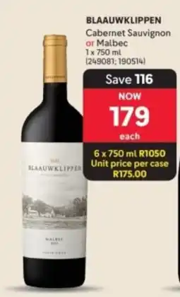Makro’s liquor BLAAUWKLIPPEN Cabernet Sauvignon or Malbec offer