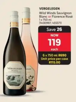 Makro’s liquor VERGELEGEN Wild Winds Sauvignon Blanc or Florence Rosé offer