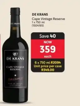 Makro’s liquor De Krans Cape Vintage Reserve offer