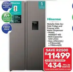 Pick n Pay Hypermarket Hisense Metallic Side-by-Side Fridge and Freezer with Water Dispenser offer