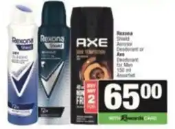 SuperSpar Rexona Shield Aerosol Deodorant or Axe Deodorant for Men Assorted offer