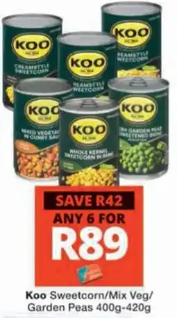 Checkers Hyper Koo Sweetcorn/Mix Veg/Garden Peas offer