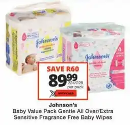Checkers Johnson's Baby Value Pack Gentle All Over/Extra Sensitive Fragrance Free Baby Wipes offer