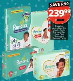 Checkers Pampers Active Baby Dry Jumbo Pack/Premium Care Value Pack Disposable Nappies/Pants offer