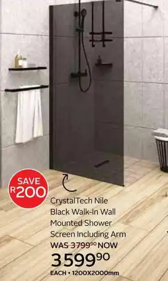 Crystal Tech Nile Black Walk-In Wall Mounted Shower Screen Including Arm