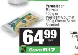 Spar Parmalat or Melrose 400 g or President Gourmet 380 g Cheese Slices Assorted offer
