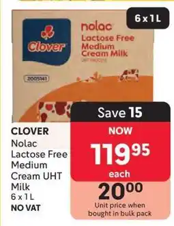 Makro CLOVER Nolac Lactose Free Medium Cream UHT Milk 6 x 1 L offer