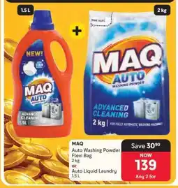 Makro MAQ Auto Washing Powder Flexi Bag 2 kg or Auto Liquid Laundry 1.5 L offer