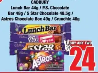Boxer Cadbury Lunch Bar / P.S. Chocolate Bar / 5 Star Chocolate / Astros Chocolate Box / Crunchie offer