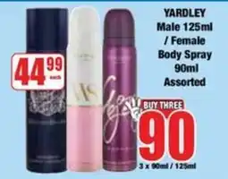 Boxer Yardley Male/ Female Body Spray Assorted offer