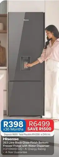 OK Furniture Hisense - 263 litre black glass-finish bottom-freezer fridge with water dispenser offer