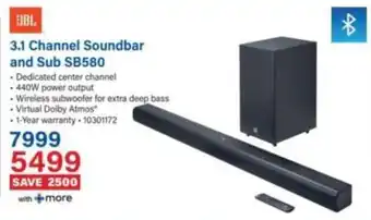 JBL 3.1 Channel Soundbar and Sub SB580