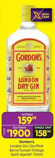 Shoprite Gordon's London Dry Gin/ Pink Berry/ Sunset Orange Spirit Aperitif offer