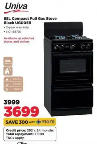 Univa 58L Compact Full Gas Stove Black