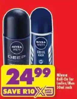 Shoprite Nivea Roll-On for Ladies/Men offer