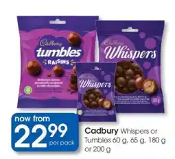 Clicks Cadbury Whispers or Tumbles 60 g, 65 g, 180 g or 200 g offer