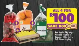 Shoprite Red Apples 3kg bag + Avocado 1kg bag + Bananas 1.2kg tray + Soft Citrus 3kg bag offer