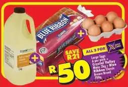 Shoprite Large Eggs 6 per pack + Crystal Valley Maas 2kg + Blue Ribbon Classic Brown Bread 700g offer