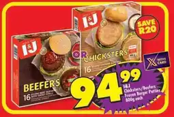 Shoprite I&J CHICKSTERS/BEEFERS FROZEN BURGER PATTIES 800g each offer