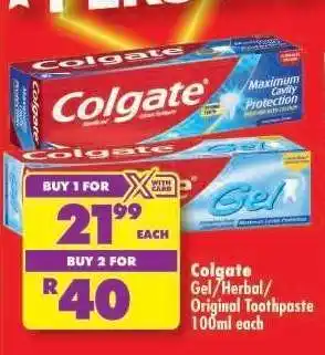 Shoprite Colgate Gel/Herbal/Original Toothpaste 100ml each offer