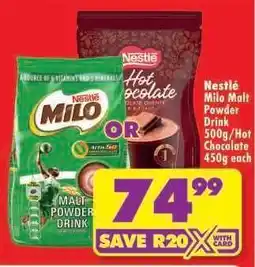 Shoprite Nestlé Milo Malt Powder Drink 500g/Hot Chocolate 450g offer