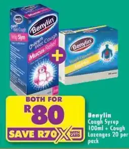 Shoprite Benylin Cough Syrup 100ml + Cough Lozenges 20 per pack offer