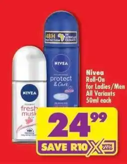 Shoprite NIVEA ROLL-ON FOR LADIES/MEN all variants 50ml each offer