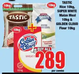 Boxer TASTIC Rice 10kg, SUPER WHITE Maize Meal 10kg & GOLDEN CLOUD Flour 10kg offer