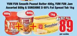 Boxer YUM FUN Smooth Peanut Butter 400g, YUM FUN Jam Assorted 800g & SUNSHINE D 60% Fat Spread Tub 1kg offer