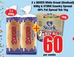 Boxer 2 x BOXER White Bread (Unsliced) 600g & STORK Country Spread 40% Fat Spread Tub 1kg offer