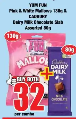Boxer YUM FUN Pink & White Mallows 130g & CADBURY Dairy Milk Chocolate Slab Assorted 80g offer