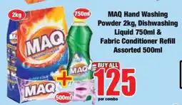 Boxer MAQ Hand Washing Powder 2kg, Dishwashing Liquid 750ml & Fabric Conditioner Refill Assorted 500ml offer